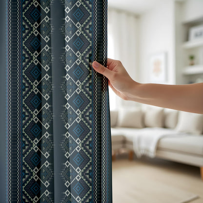 Onay Navy Blue Aztec Tribal Curtains – Southwestern Geometric Boho Drapes