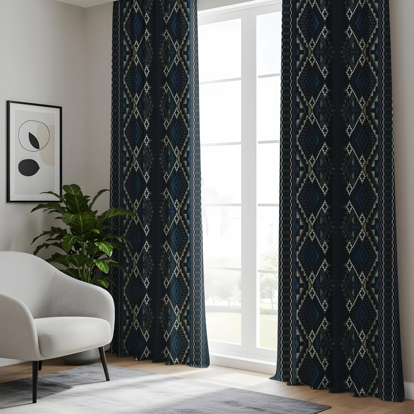 Onay Navy Blue Aztec Tribal Curtains – Southwestern Geometric Boho Drapes