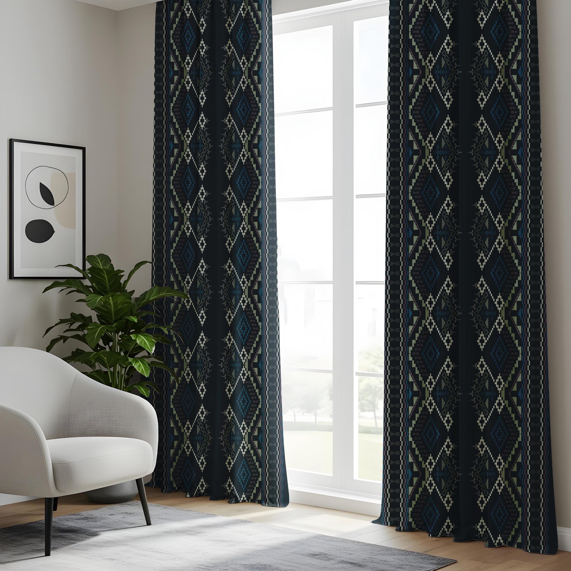 Onay Navy Blue Aztec Tribal Curtains – Southwestern Geometric Boho Drapes