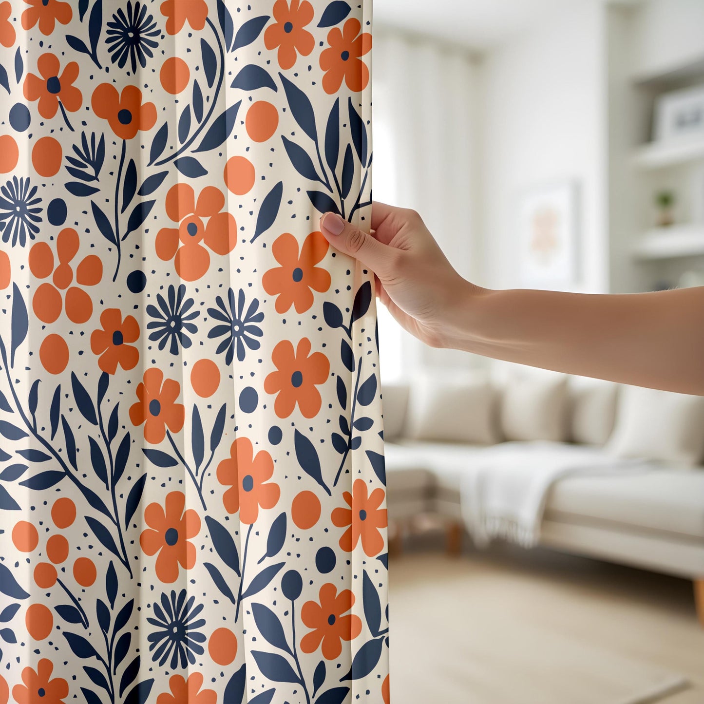 Onay Orange Navy Blue Floral Curtains – Modern Scandi Wildflower Drapes