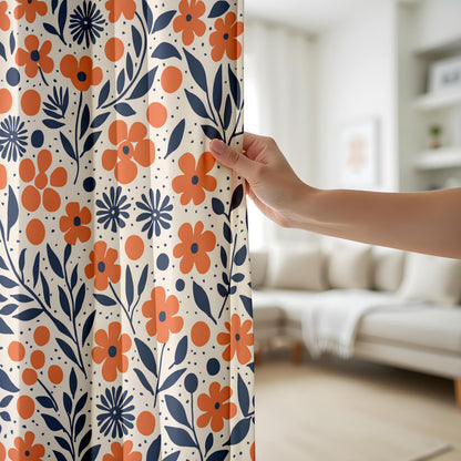 Onay Orange Navy Blue Floral Curtains – Modern Scandi Wildflower Drapes