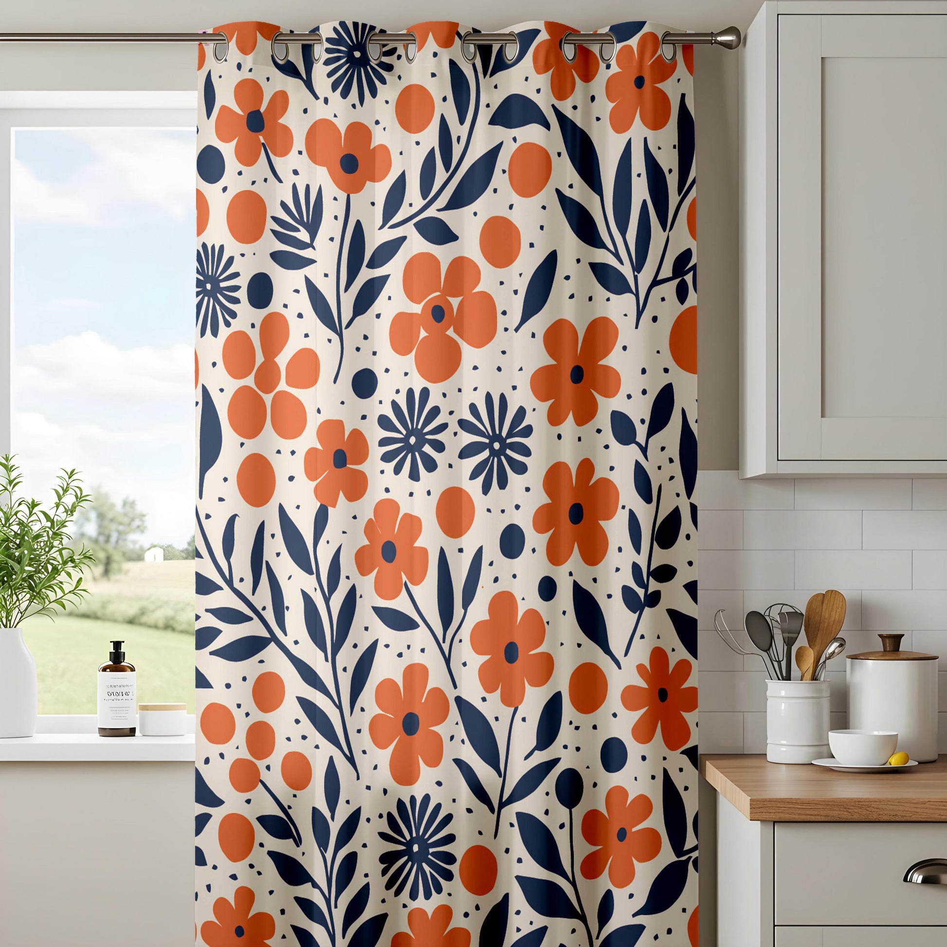 Onay Orange Navy Blue Floral Curtains – Modern Scandi Wildflower Drapes