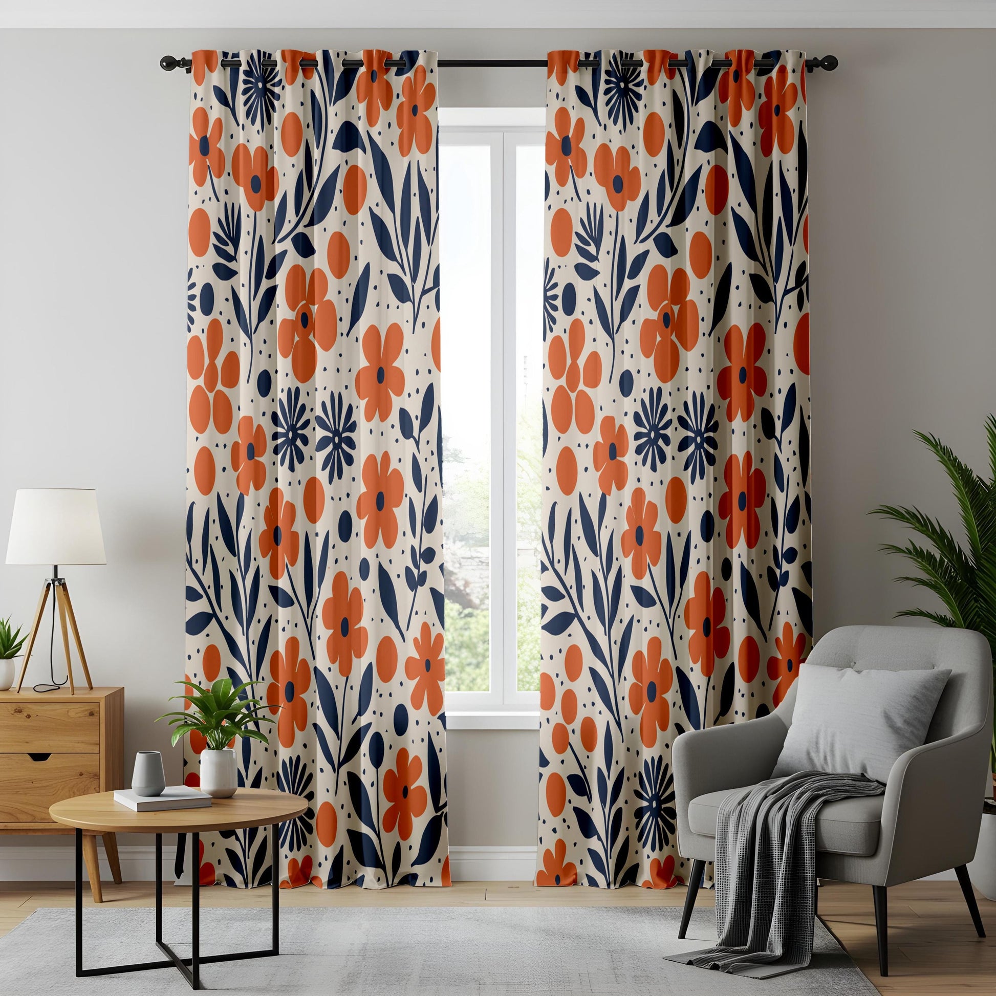 Onay Orange Navy Blue Floral Curtains – Modern Scandi Wildflower Drapes
