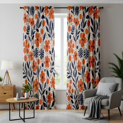 Onay Orange Navy Blue Floral Curtains – Modern Scandi Wildflower Drapes