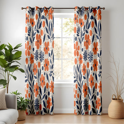 Onay Orange Navy Blue Floral Curtains – Modern Scandi Wildflower Drapes