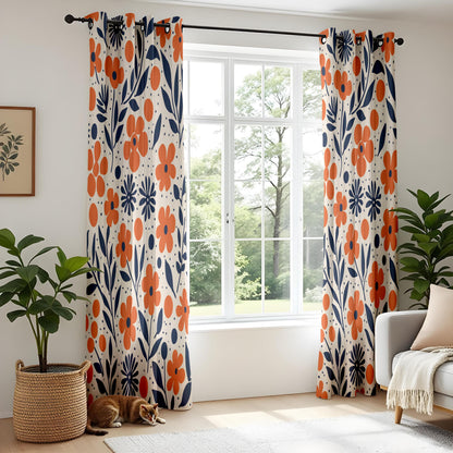 Onay Orange Navy Blue Floral Curtains – Modern Scandi Wildflower Drapes