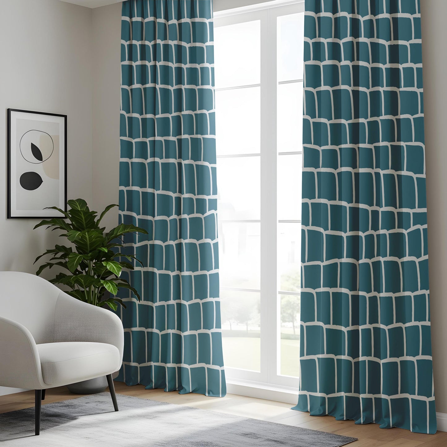 Onay Teal Blue Geometric Brick Curtains – Modern Abstract Mosaic Drapes