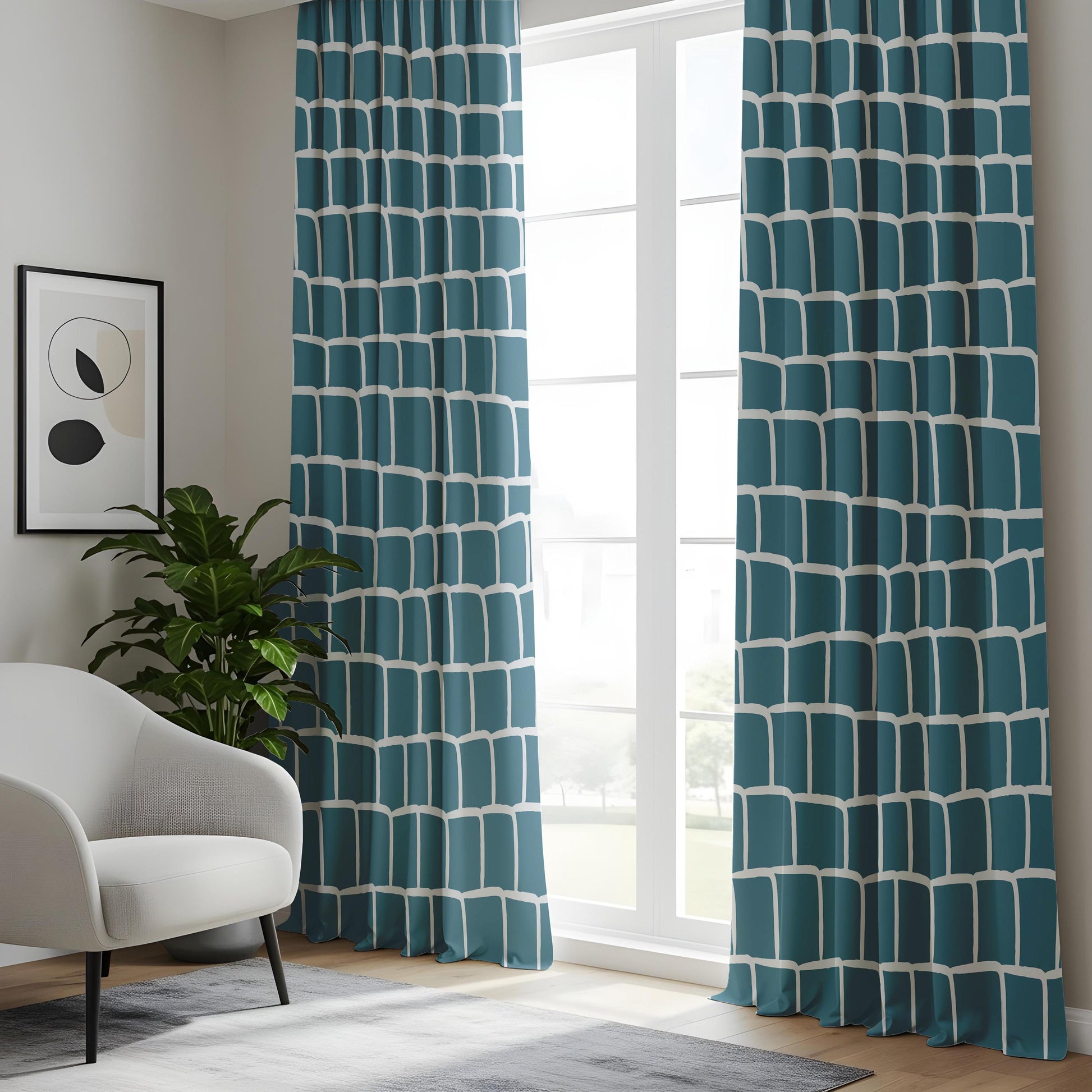 Onay Teal Blue Geometric Brick Curtains – Modern Abstract Mosaic Drapes