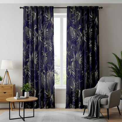 Onay Navy Blue Gold Palm Leaf Curtains – Metallic Botanical Tropical Drapes