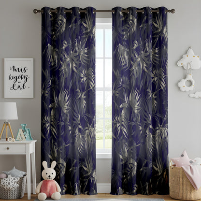 Onay Navy Blue Gold Palm Leaf Curtains – Metallic Botanical Tropical Drapes