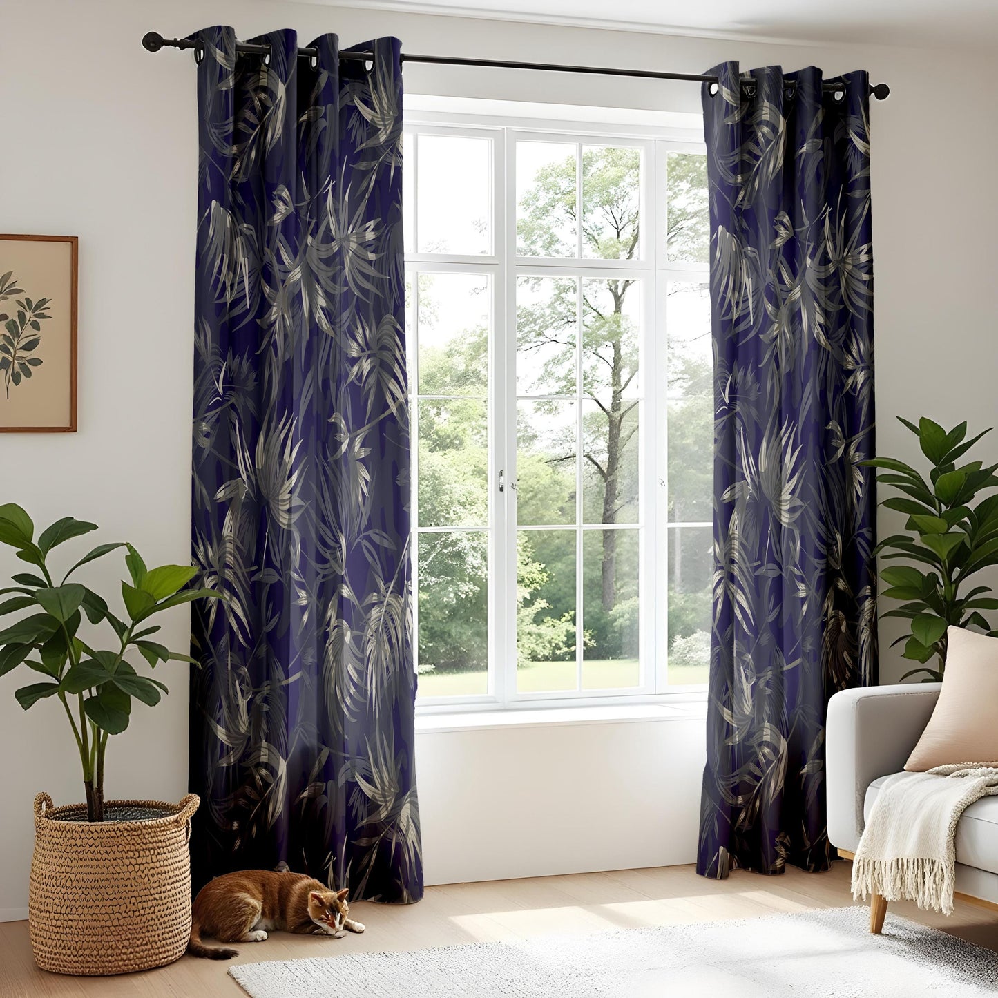 Onay Navy Blue Gold Palm Leaf Curtains – Metallic Botanical Tropical Drapes