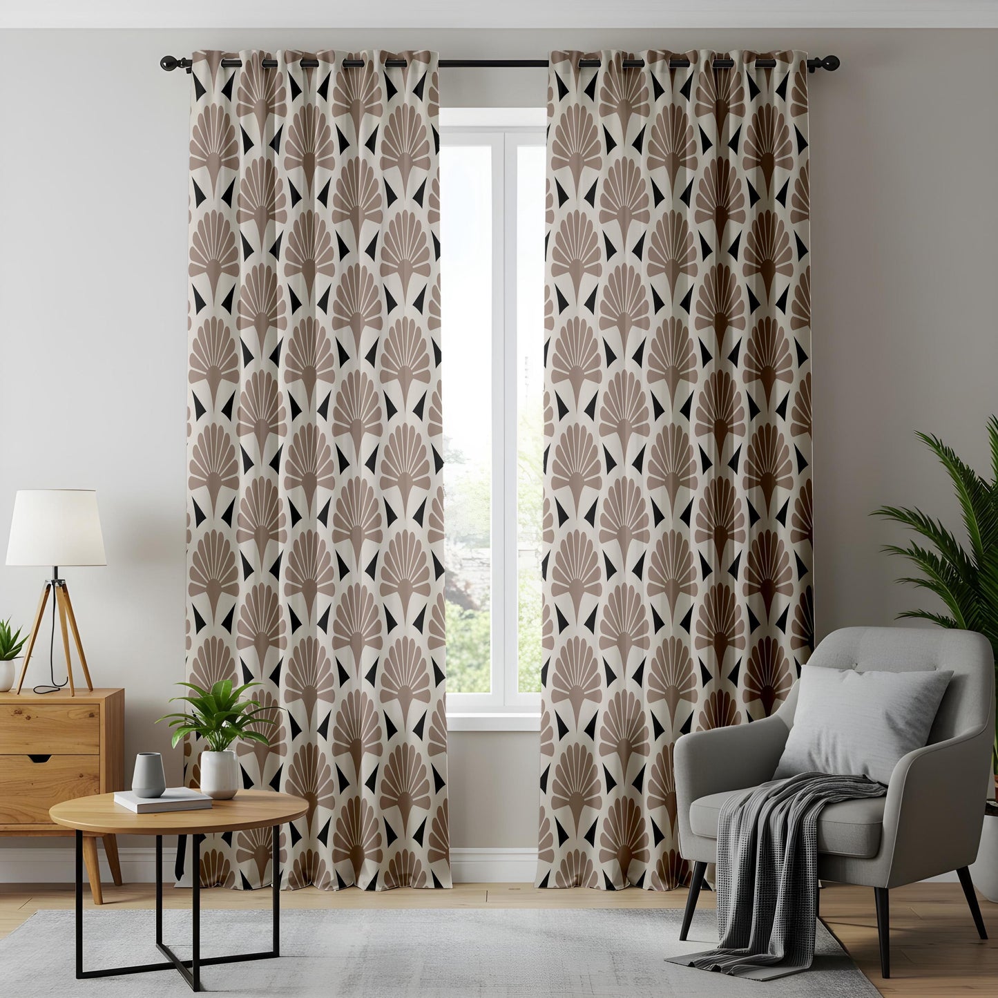 Onay Taupe Art Deco Fan Curtains – Geometric Scallop Pattern Drapes