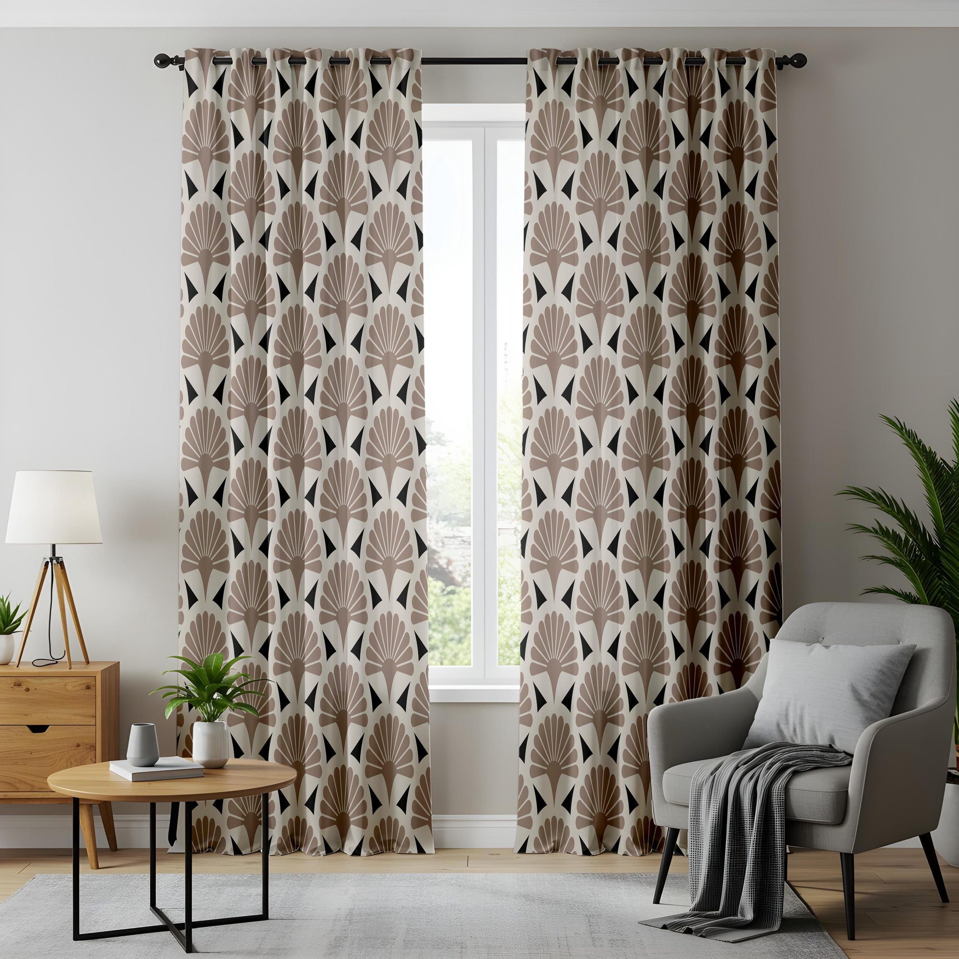 Onay Taupe Art Deco Fan Curtains – Geometric Scallop Pattern Drapes