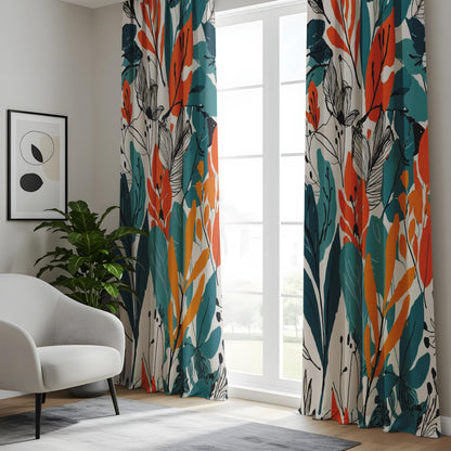 Onay Orange Teal Abstract Leaf Curtains – Modern Tropical Boho Drapes