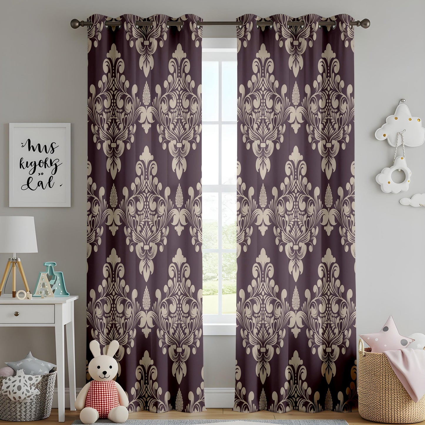 Onay Eggplant Purple Damask Curtains – Vintage Victorian Baroque Drapes