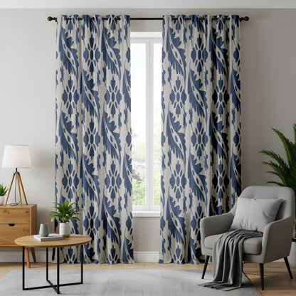 Onay Blue White Ikat Leaf Curtains – Coastal Hamptons Floral Drapes
