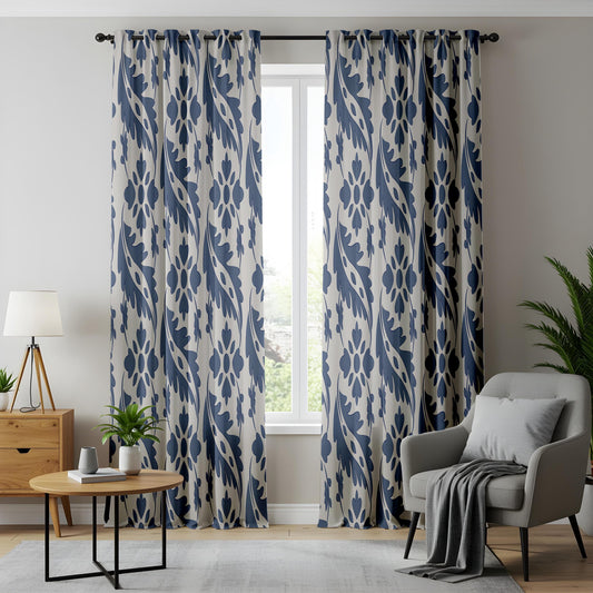 Onay Blue White Ikat Leaf Curtains – Coastal Hamptons Floral Drapes