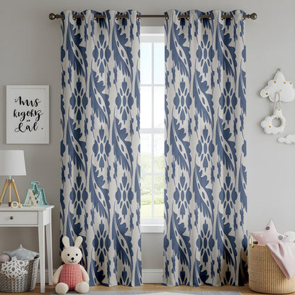 Onay Blue White Ikat Leaf Curtains – Coastal Hamptons Floral Drapes