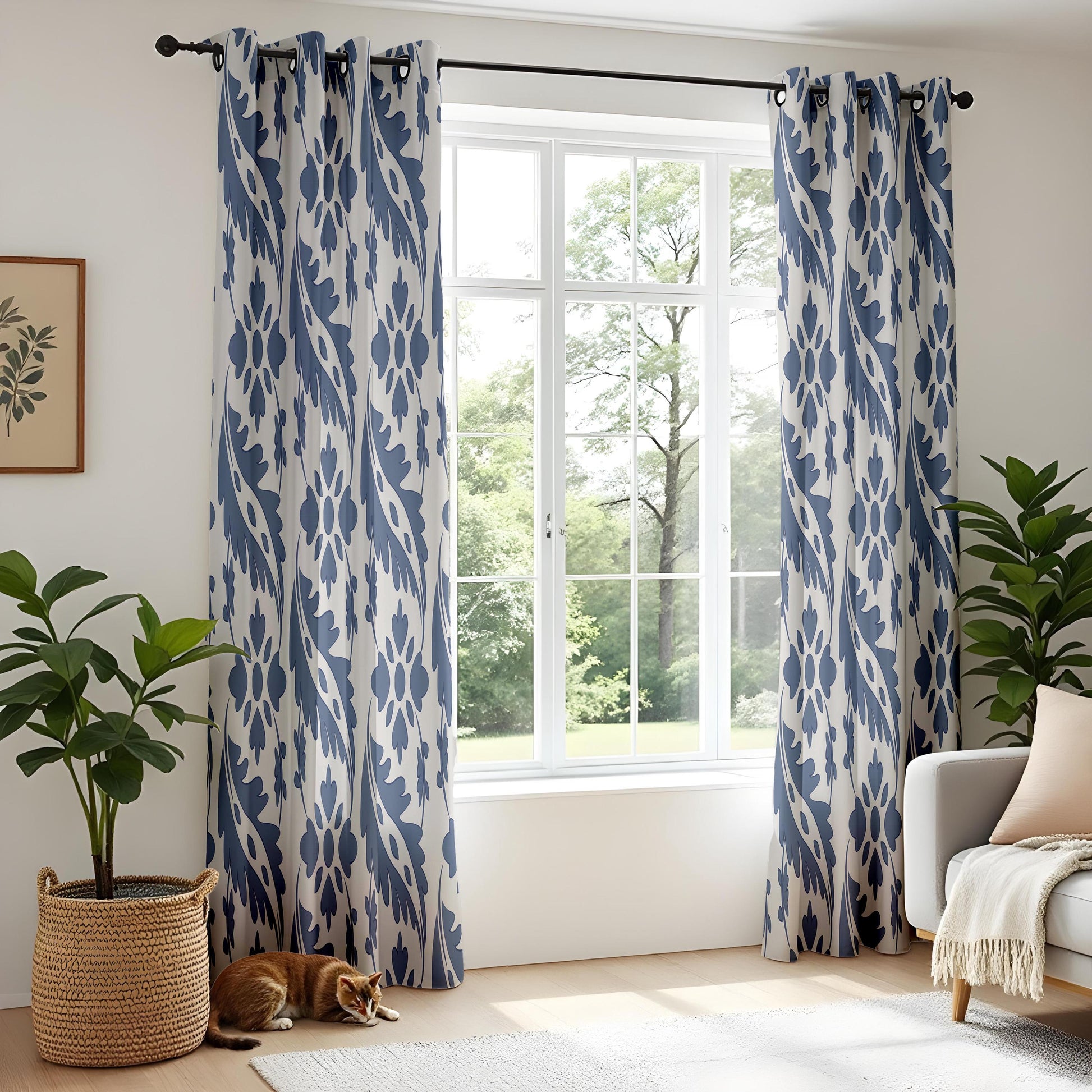 Onay Blue White Ikat Leaf Curtains – Coastal Hamptons Floral Drapes