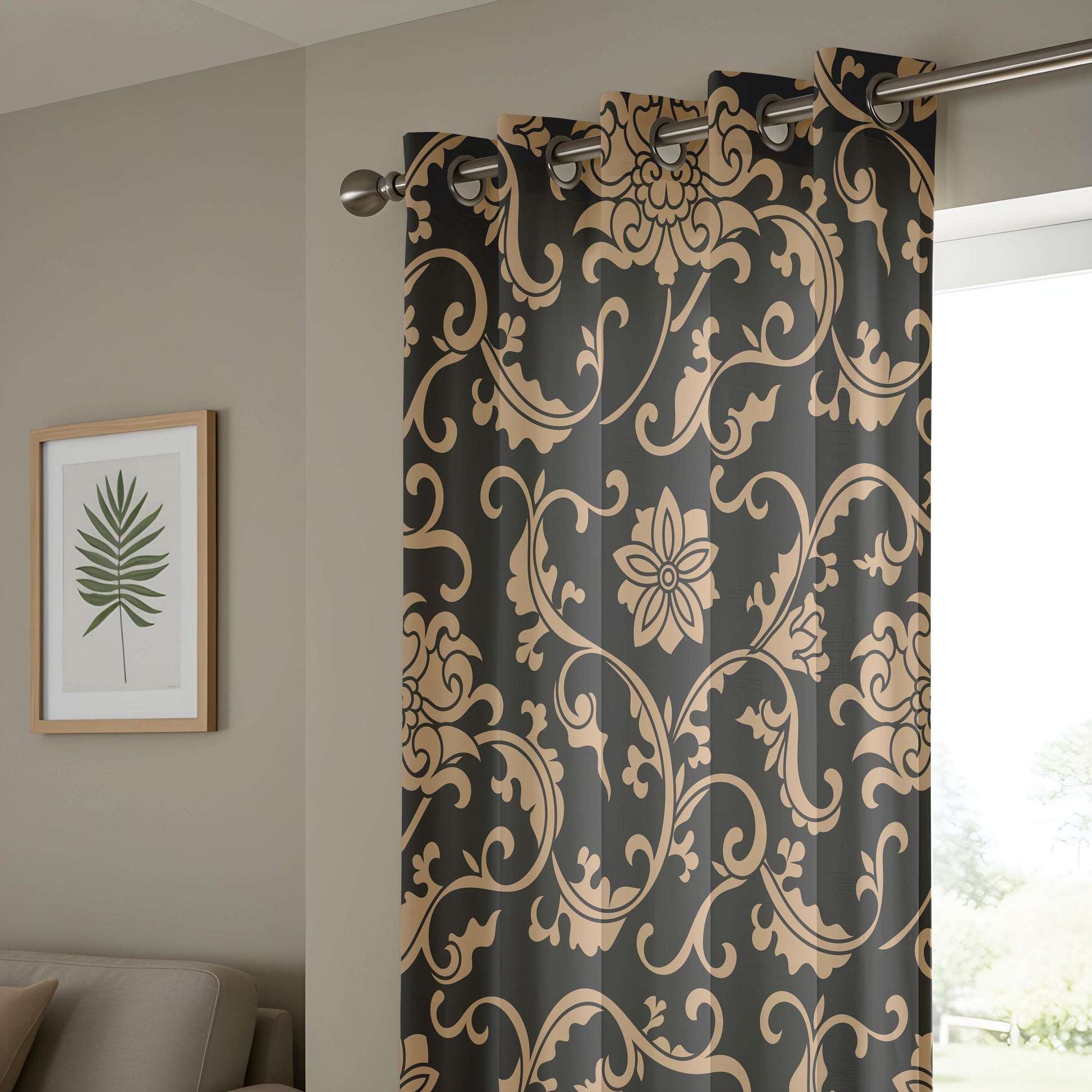 Onay Black/Gray Gold Floral Damask Curtains – Luxury Baroque Scroll Drapes