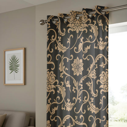 Onay Black/Gray Gold Floral Damask Curtains – Luxury Baroque Scroll Drapes