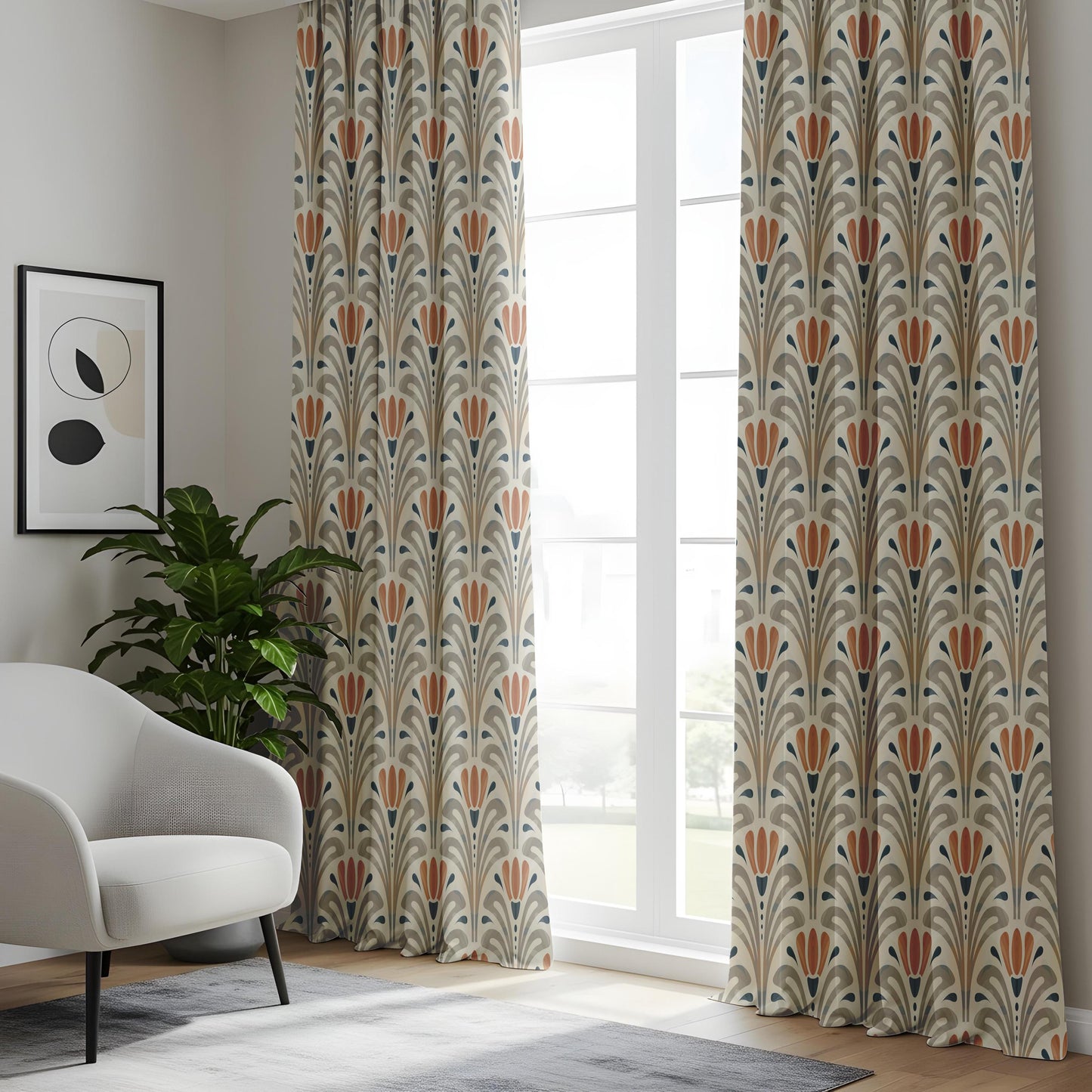 Onay Terracotta Grey Art Deco Curtains – Geometric Tulip Fan Drapes