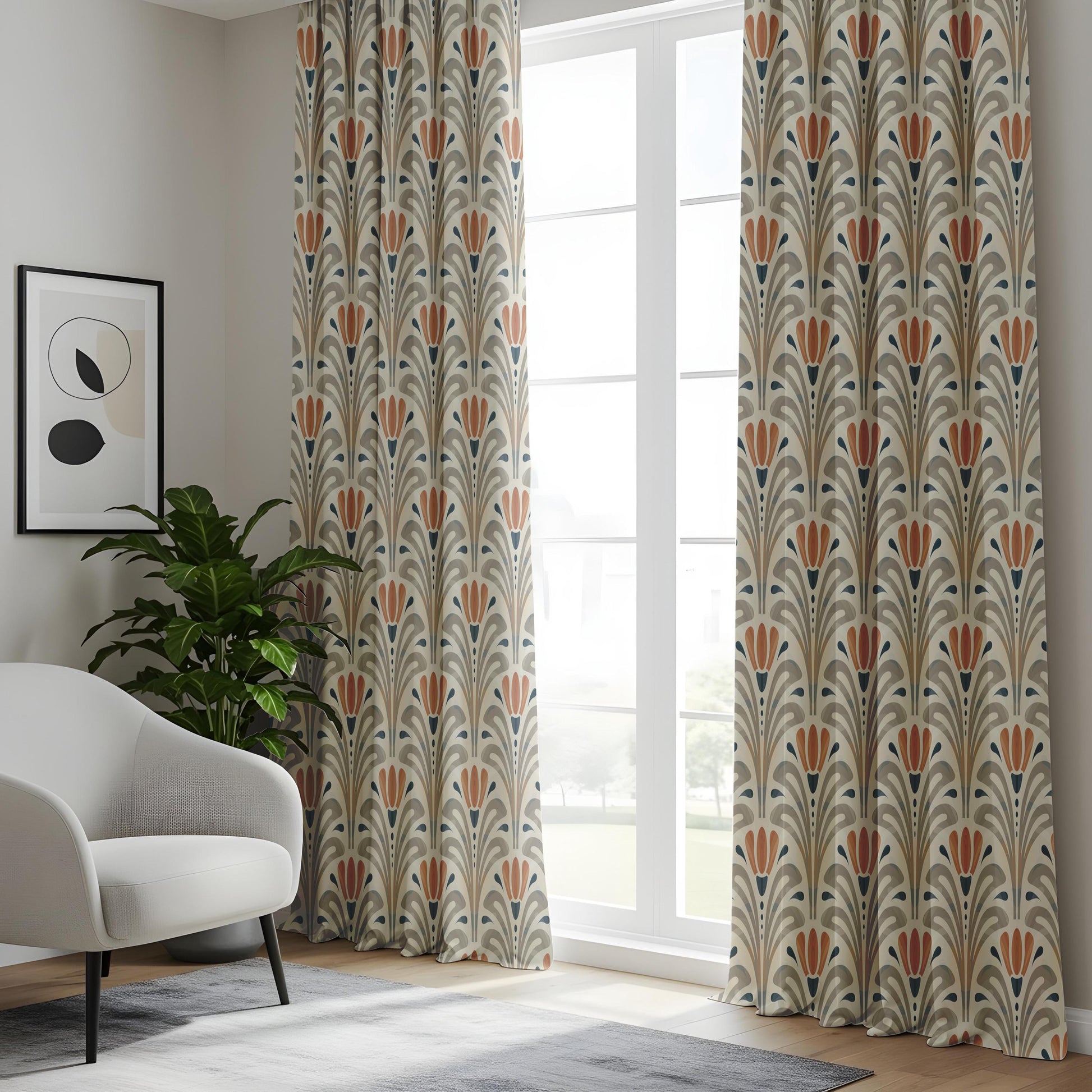 Onay Terracotta Grey Art Deco Curtains – Geometric Tulip Fan Drapes