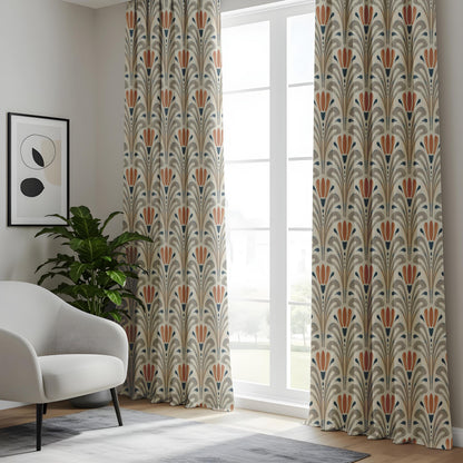 Onay Terracotta Grey Art Deco Curtains – Geometric Tulip Fan Drapes