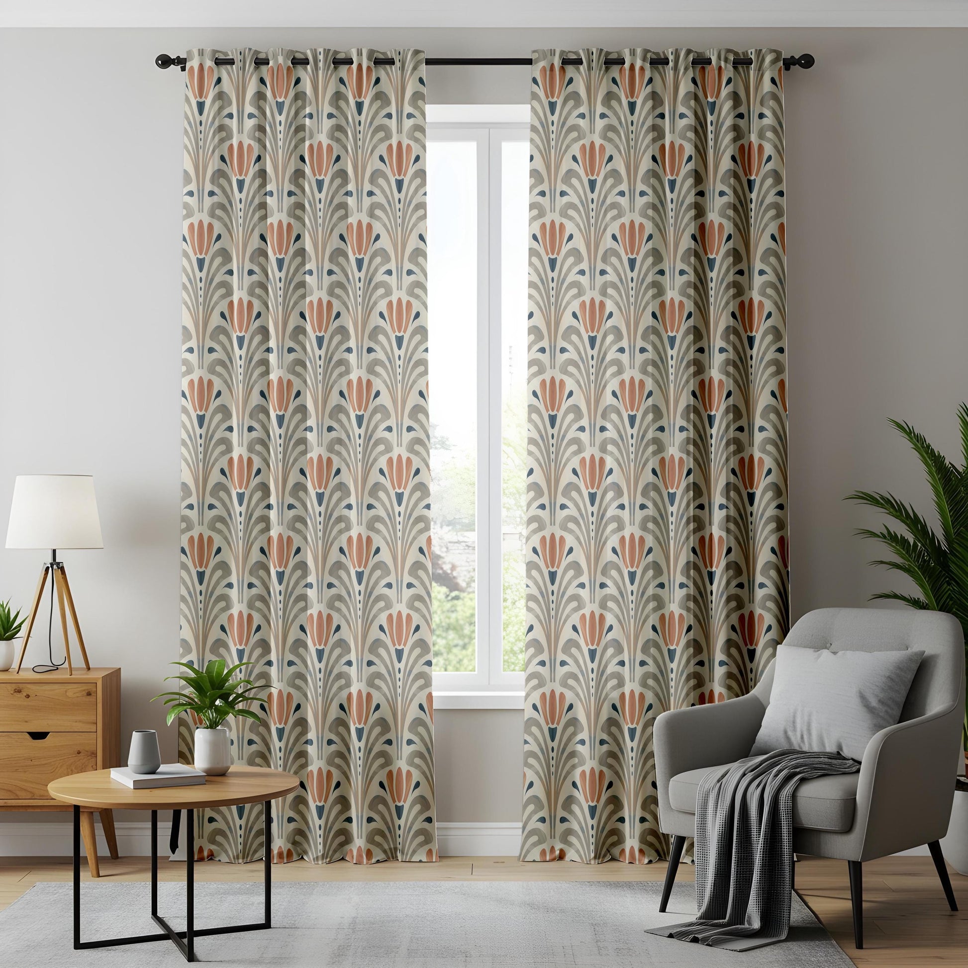 Onay Terracotta Grey Art Deco Curtains – Geometric Tulip Fan Drapes