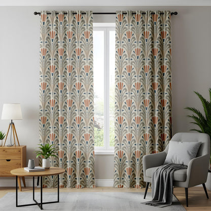 Onay Terracotta Grey Art Deco Curtains – Geometric Tulip Fan Drapes