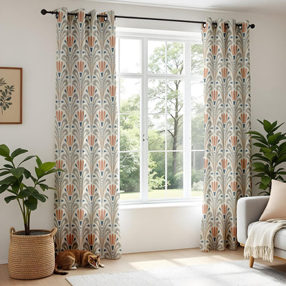 Onay Terracotta Grey Art Deco Curtains – Geometric Tulip Fan Drapes