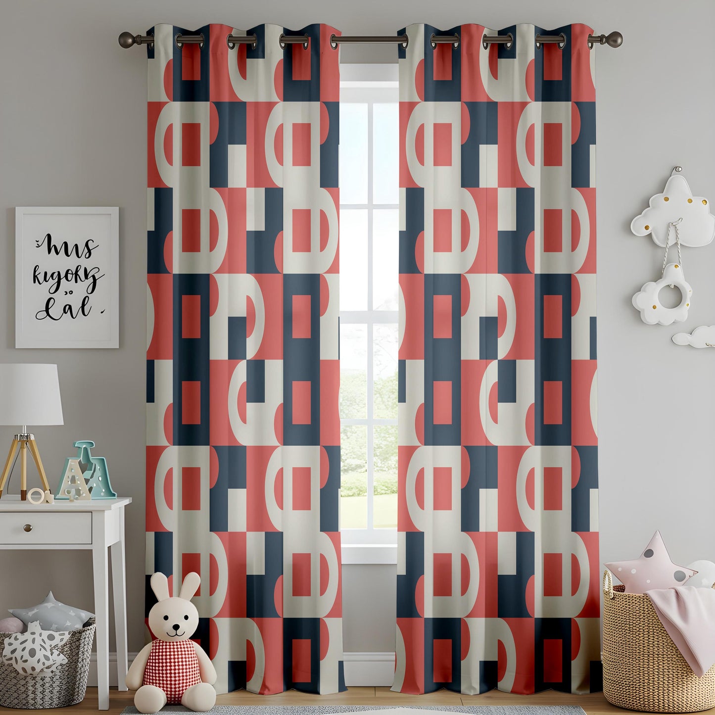 Onay Red Navy Bauhaus Geometric Curtains – Mid Century Modern Abstract Drapes