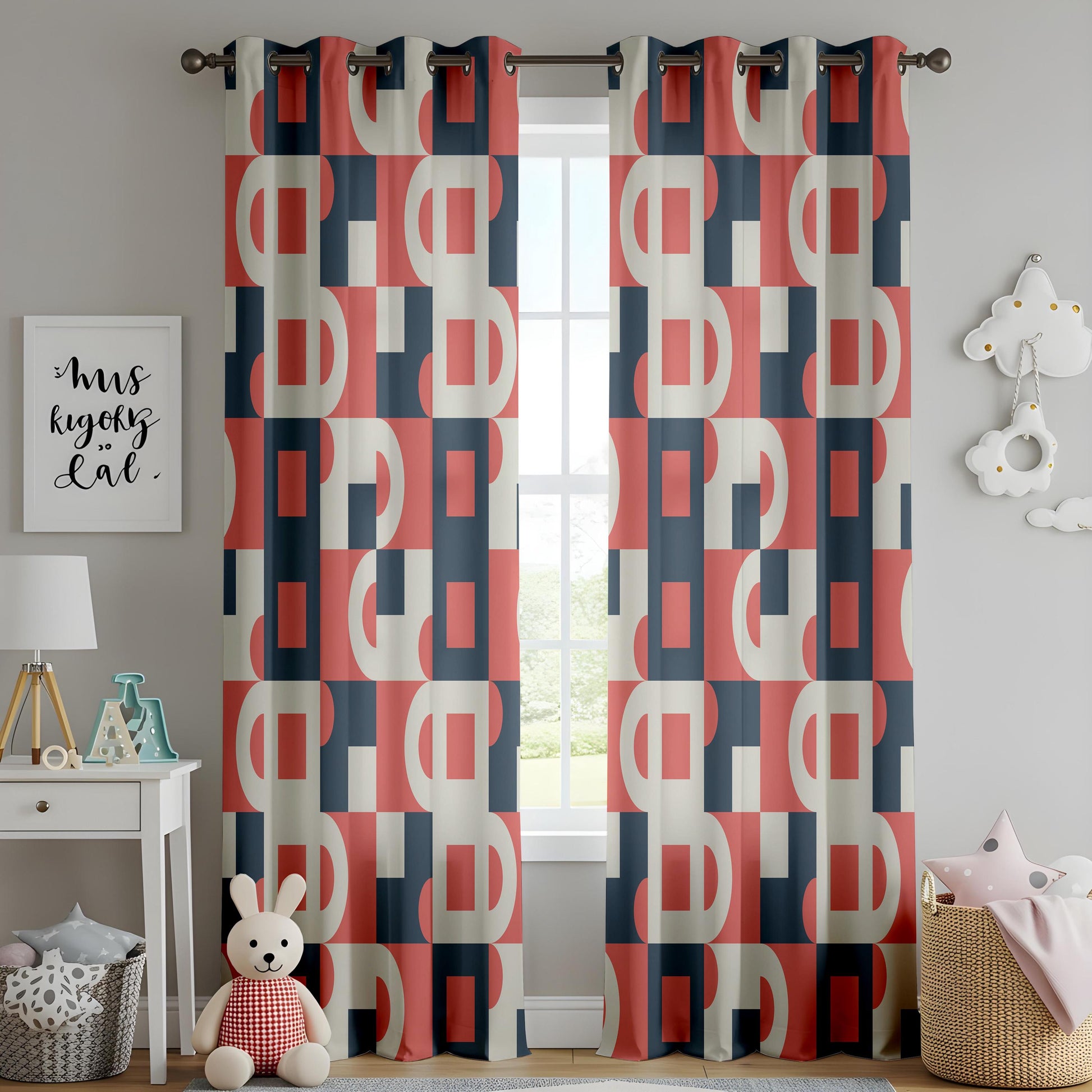 Onay Red Navy Bauhaus Geometric Curtains – Mid Century Modern Abstract Drapes