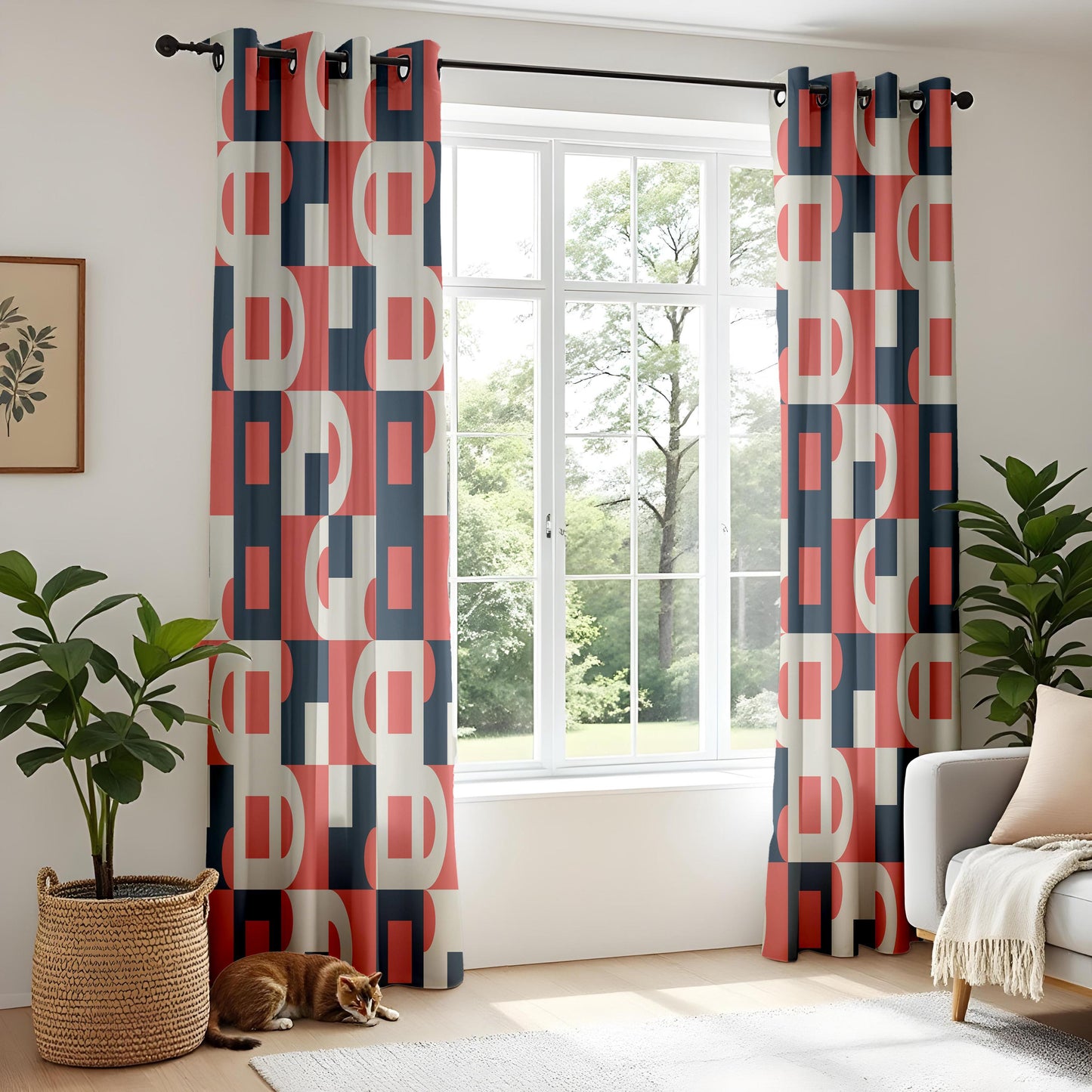 Onay Red Navy Bauhaus Geometric Curtains – Mid Century Modern Abstract Drapes