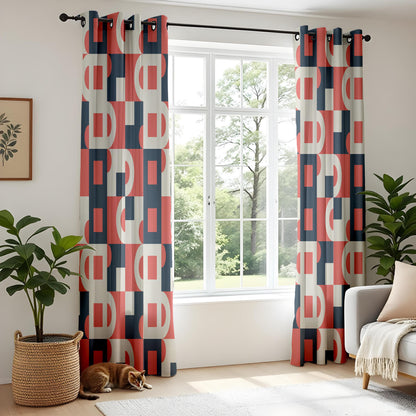 Onay Red Navy Bauhaus Geometric Curtains – Mid Century Modern Abstract Drapes