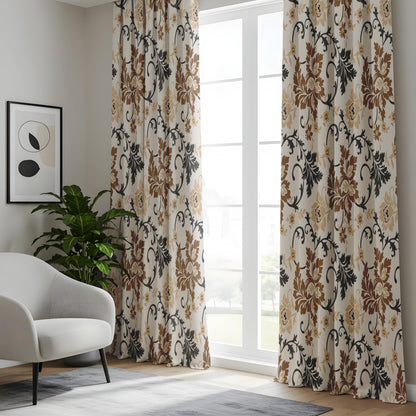 Onay Brown Beige Floral Vine Curtains – Classic Scroll Leaf Drapes