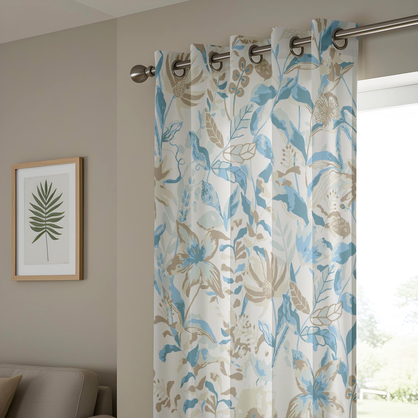 Onay Blue Beige Watercolor Floral Curtains – Soft Coastal Botanical Drapes