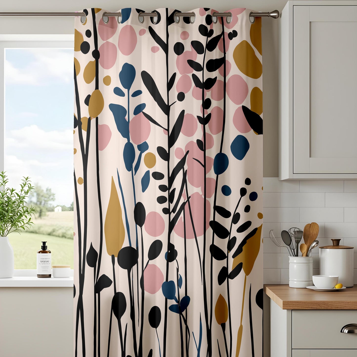 Onay Blush Pink Mustard Abstract Floral Curtains – Colorful Living Room