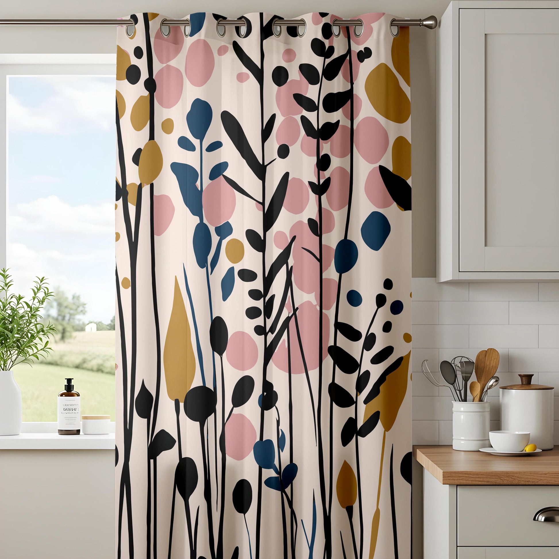 Onay Blush Pink Mustard Abstract Floral Curtains – Colorful Living Room