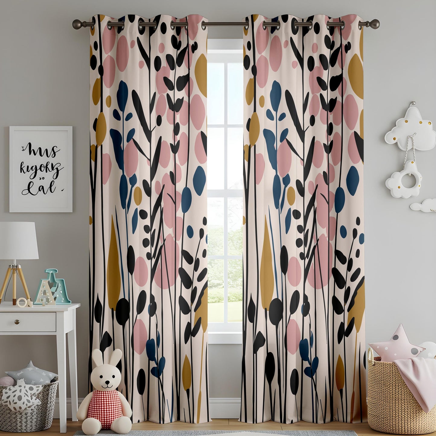 Onay Blush Pink Mustard Abstract Floral Curtains – Colorful Living Room