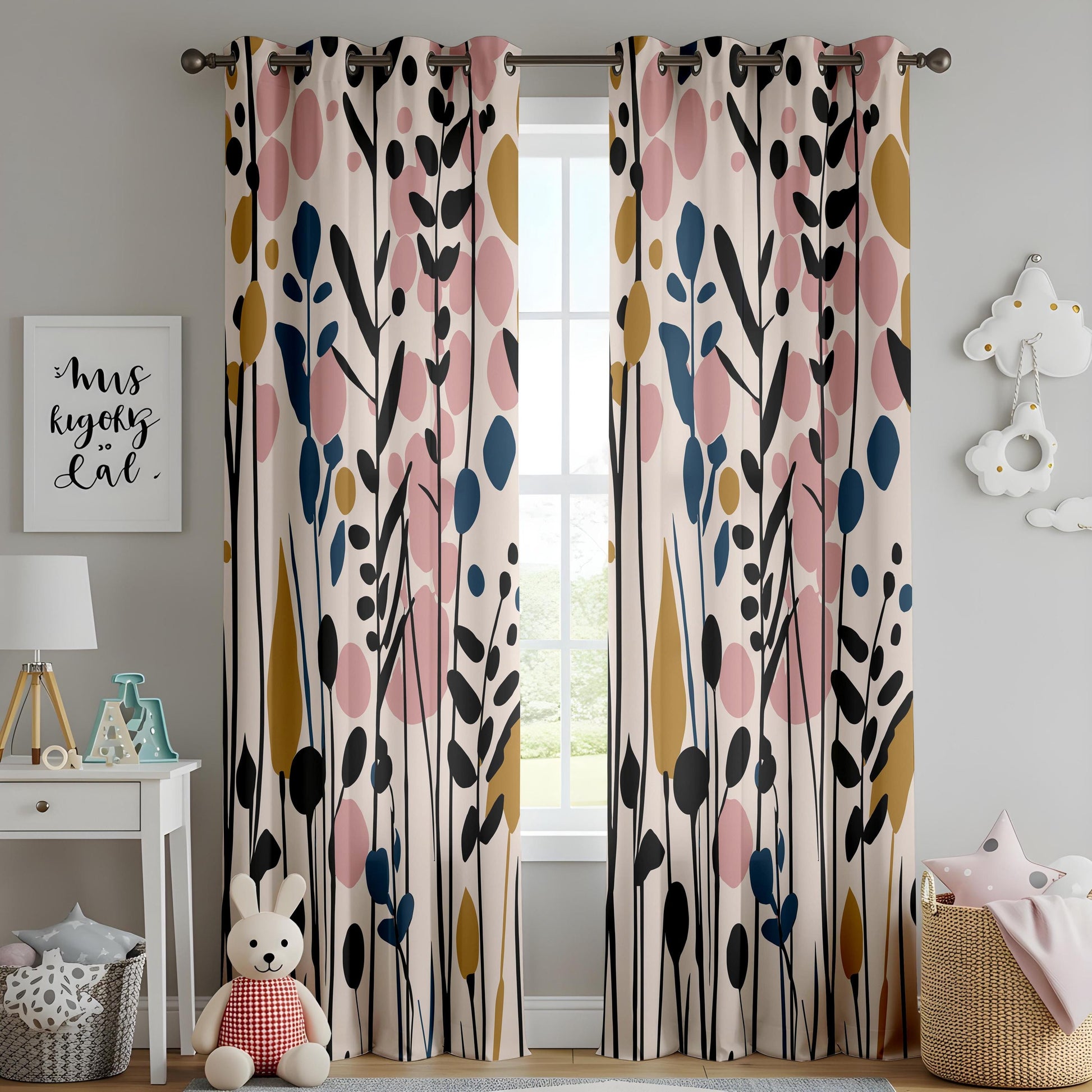 Onay Blush Pink Mustard Abstract Floral Curtains – Colorful Living Room