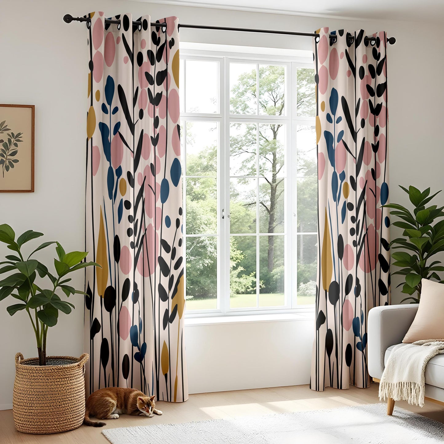 Onay Blush Pink Mustard Abstract Floral Curtains – Colorful Living Room