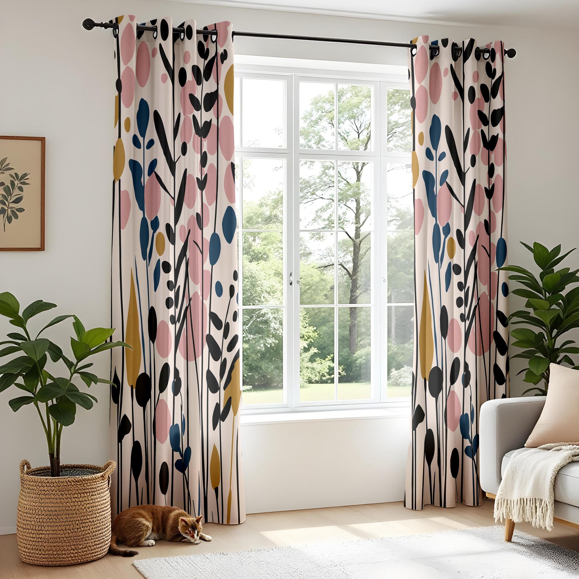 Onay Blush Pink Mustard Abstract Floral Curtains – Colorful Living Room