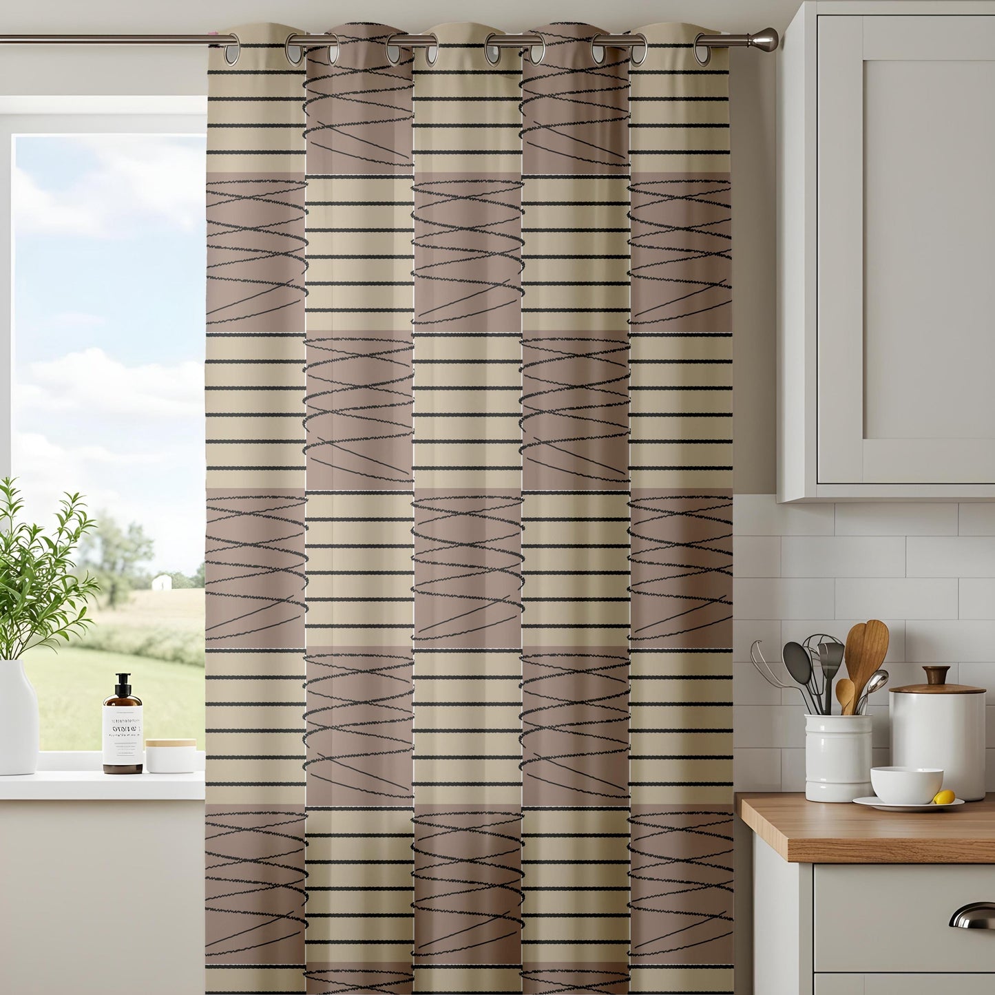 Onay Beige Brown Geometric Striped Curtains – Modern Abstract Scribble Drapes