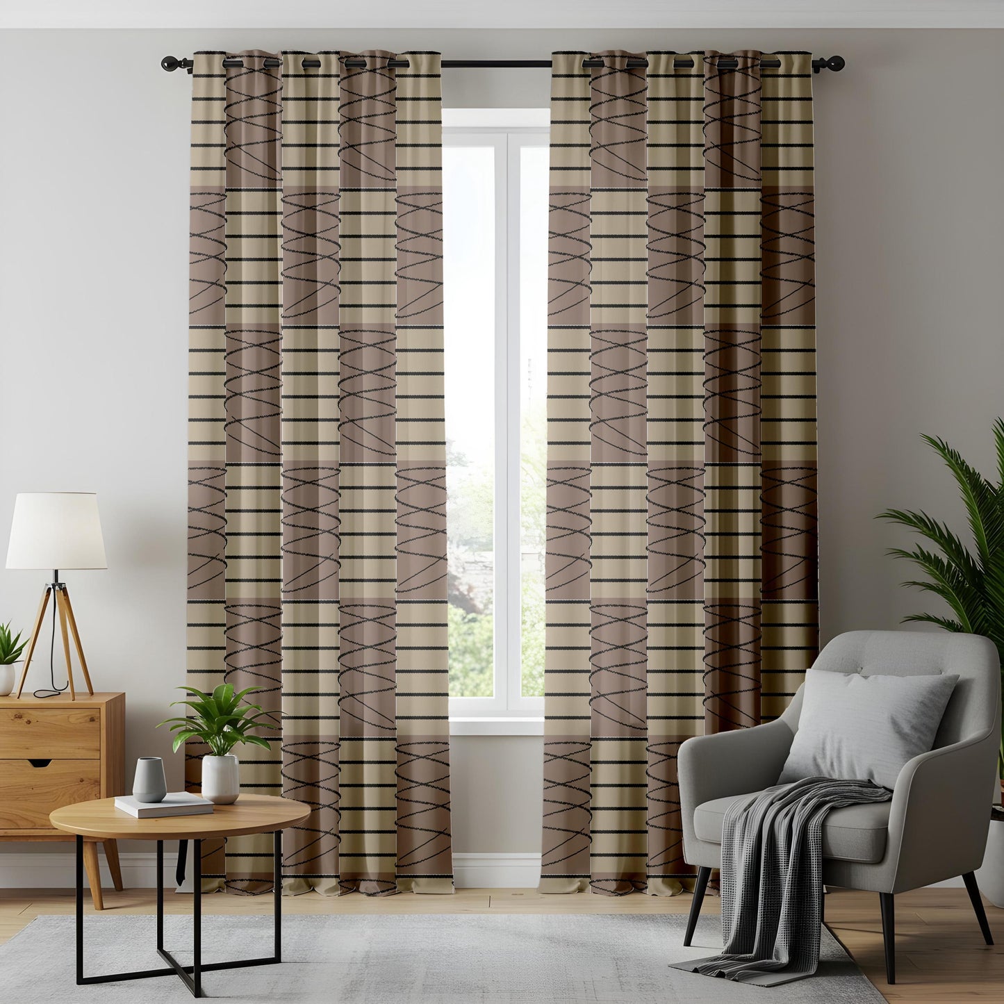 Onay Beige Brown Geometric Striped Curtains – Modern Abstract Scribble Drapes
