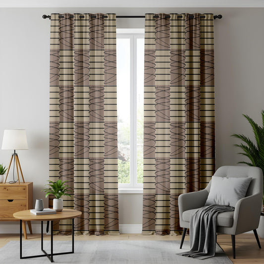 Onay Beige Brown Geometric Striped Curtains – Modern Abstract Scribble Drapes