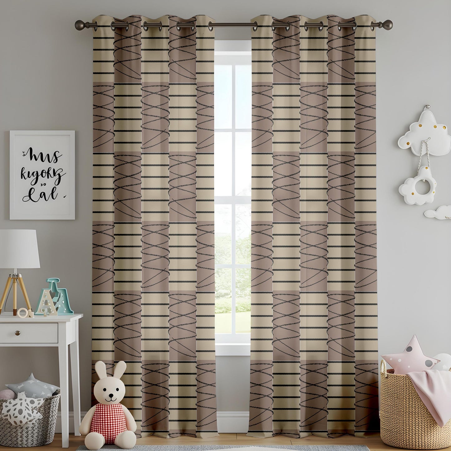 Onay Beige Brown Geometric Striped Curtains – Modern Abstract Scribble Drapes
