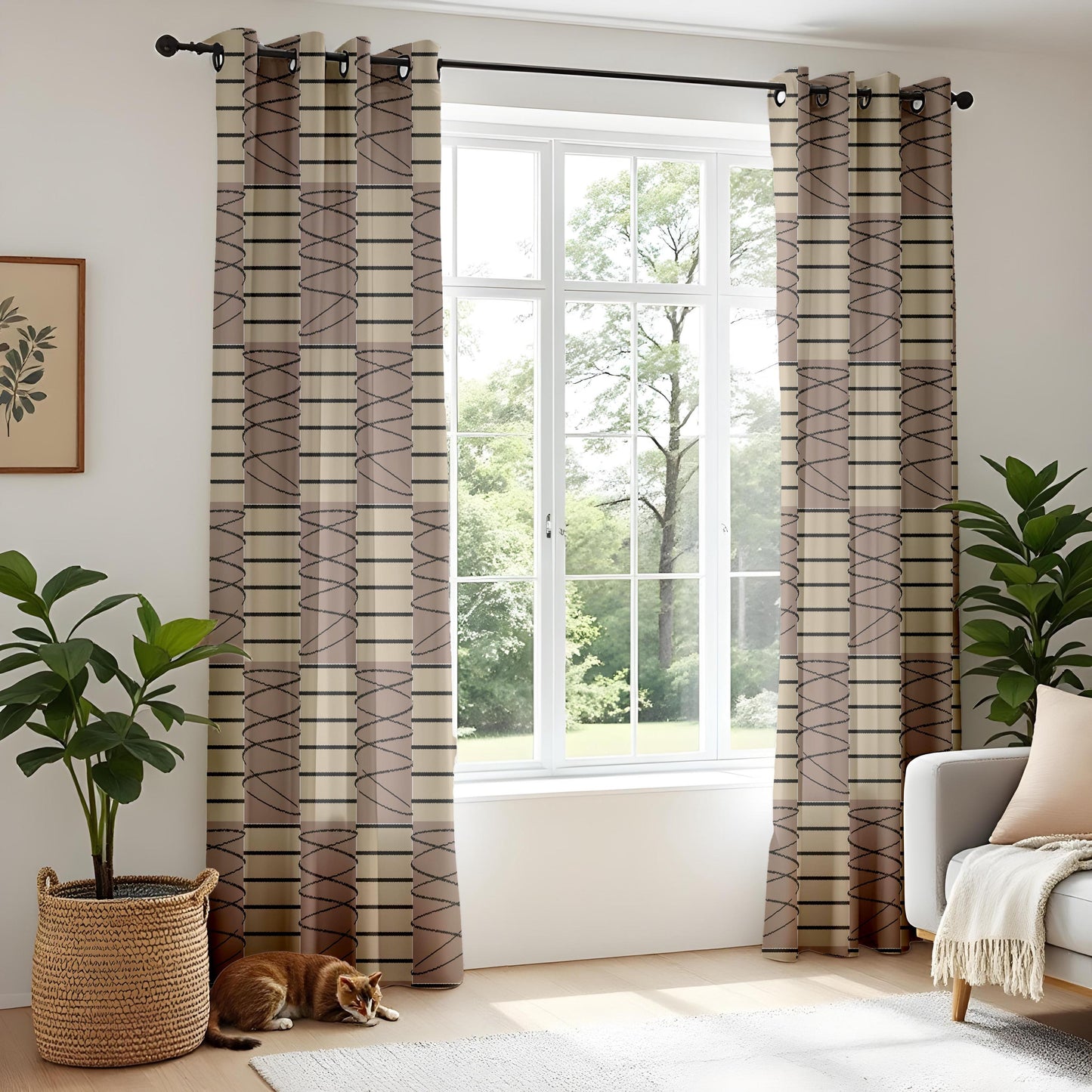 Onay Beige Brown Geometric Striped Curtains – Modern Abstract Scribble Drapes