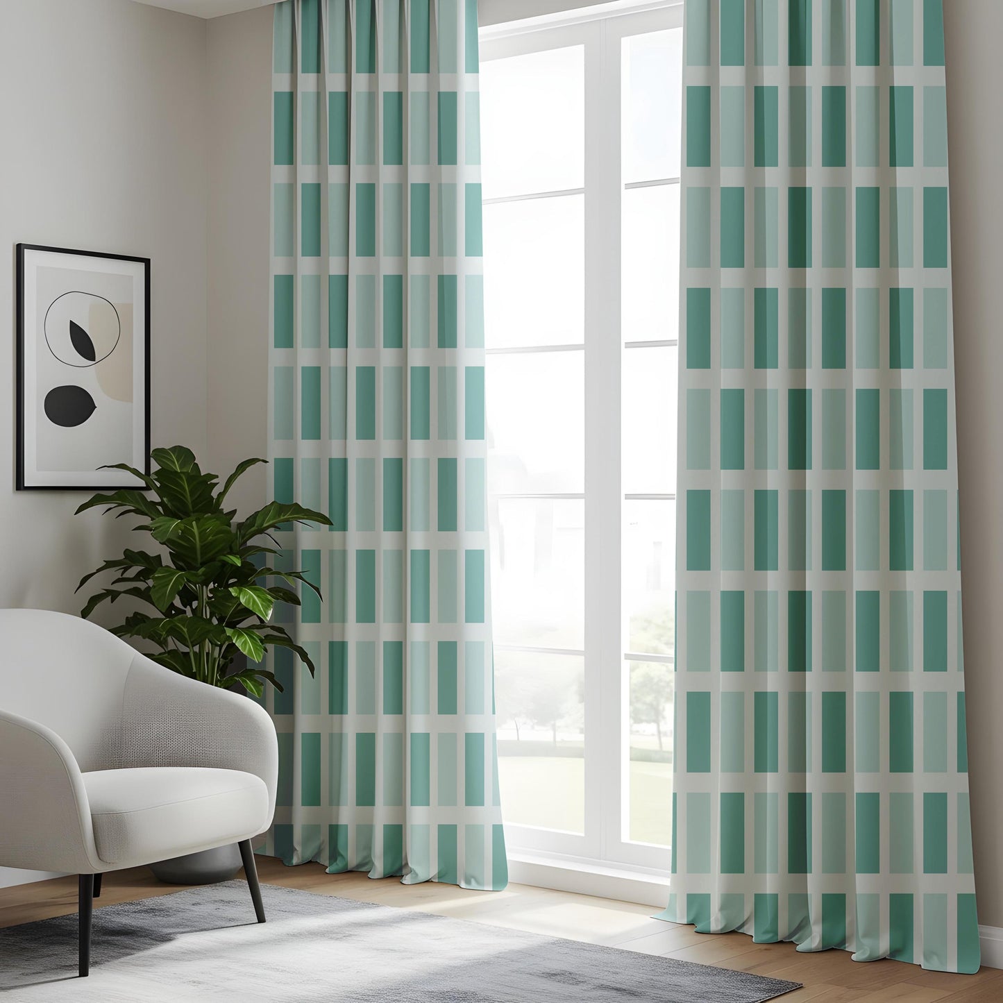 Onay Teal Mint Green Geometric Block Curtains – Modern Minimalist Grid Drapes