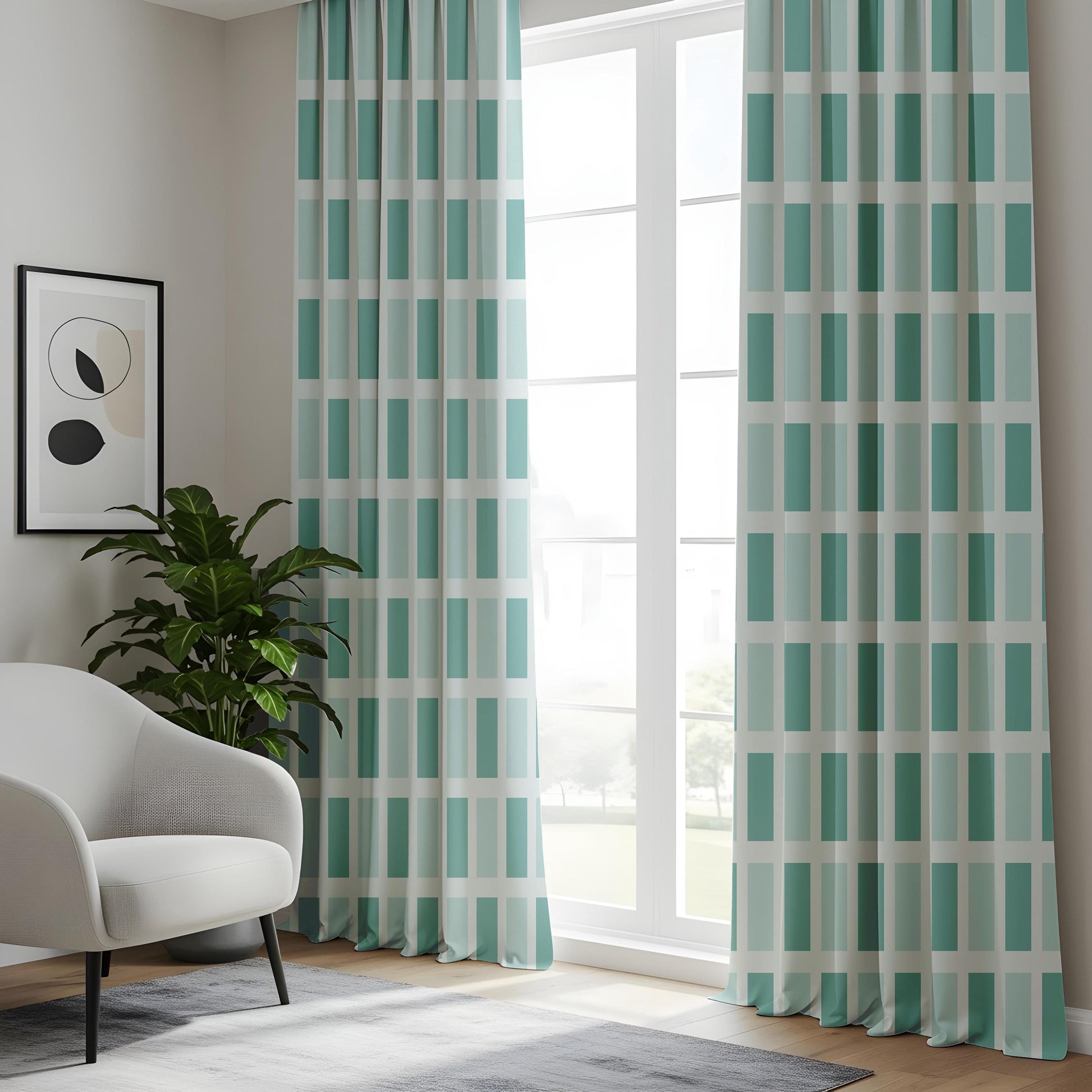 Onay Teal Mint Green Geometric Block Curtains – Modern Minimalist Grid Drapes